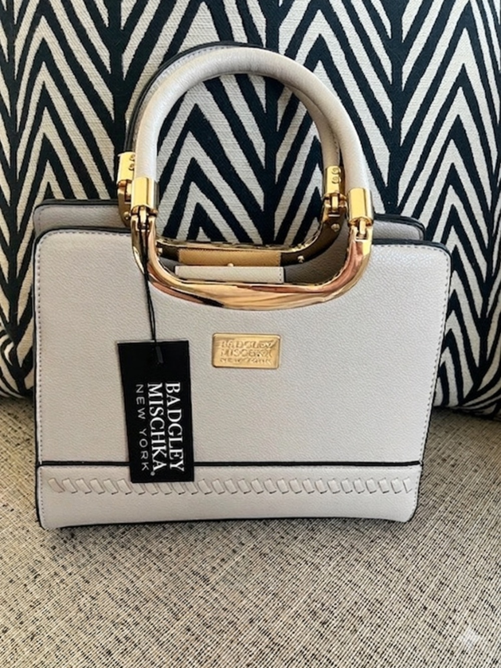 NWT Badgley Mischka Double Handle Satchel Bag Cream Faux Leather OS
